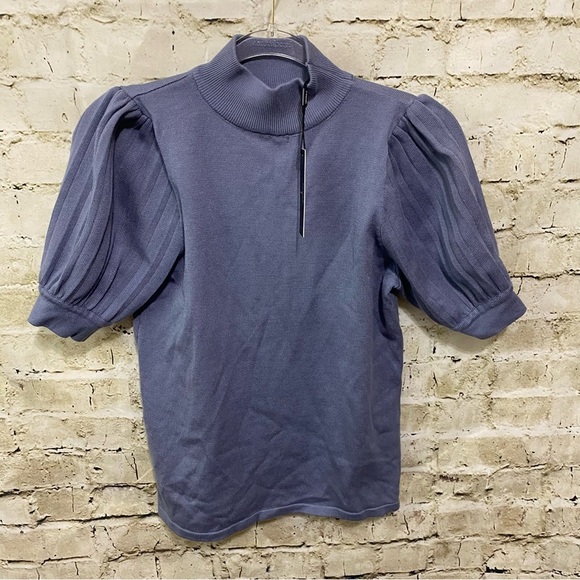 NWT Tahari Steele Blue Puff Sleeve Mock Neck Pullover Sweater - Picture 1 of 5